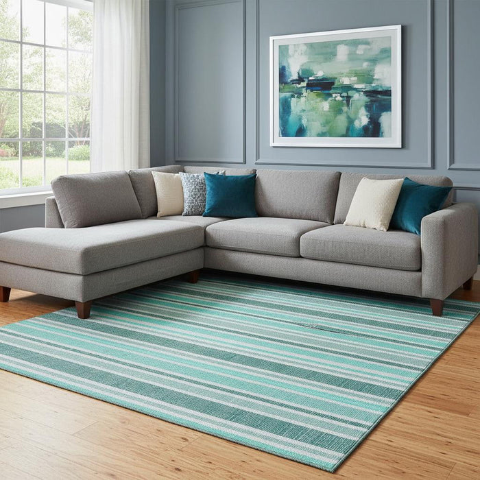 10' X 14' Striped Washable Area Rug With UV Protection (647890) - Turquoise / Ivory