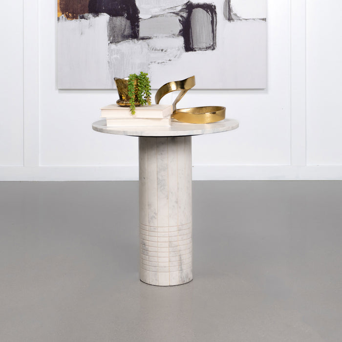CoasterEveryday Astoria round white genuine marble side end table with a sleek pedestal base