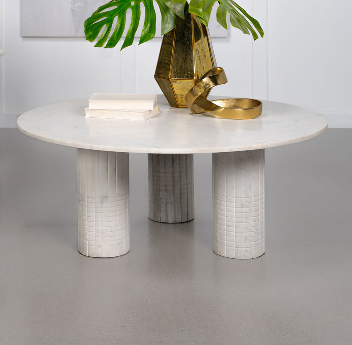 Astoria Round Genuine Marble Coffee Table in White by CoasterEveryday