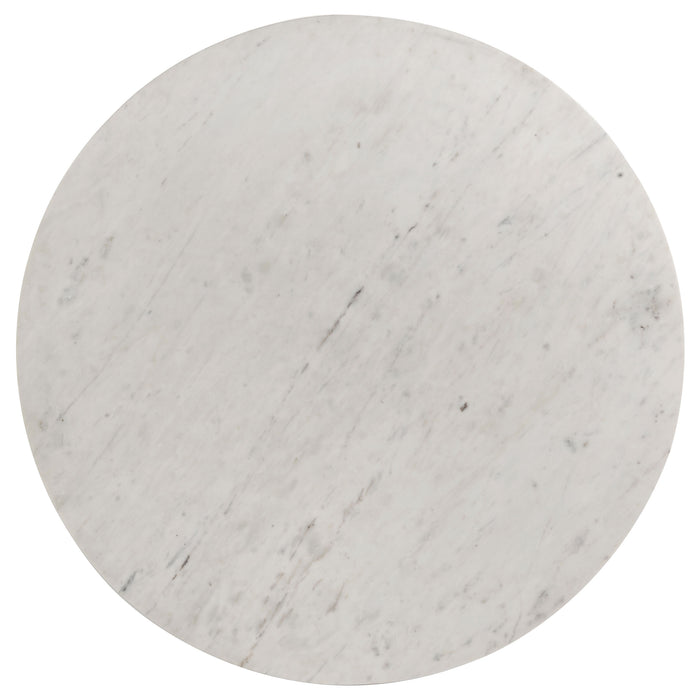 CoasterEveryday Astoria round white genuine marble coffee table with a sleek pedestal base