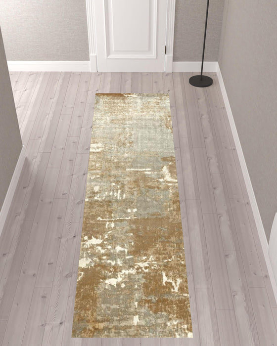 2' x 10' Abstract Hand Loomed Stain Resistant Runner Rug - Gray And Brown