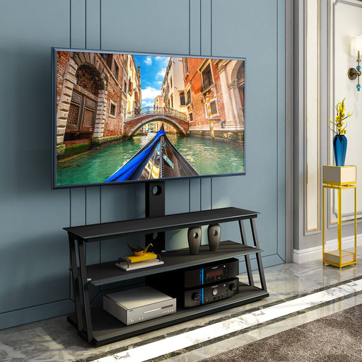 Giga black multi-function TV stand with adjustable angles and height, featuring tempered glass shelves for modern home entertainment.