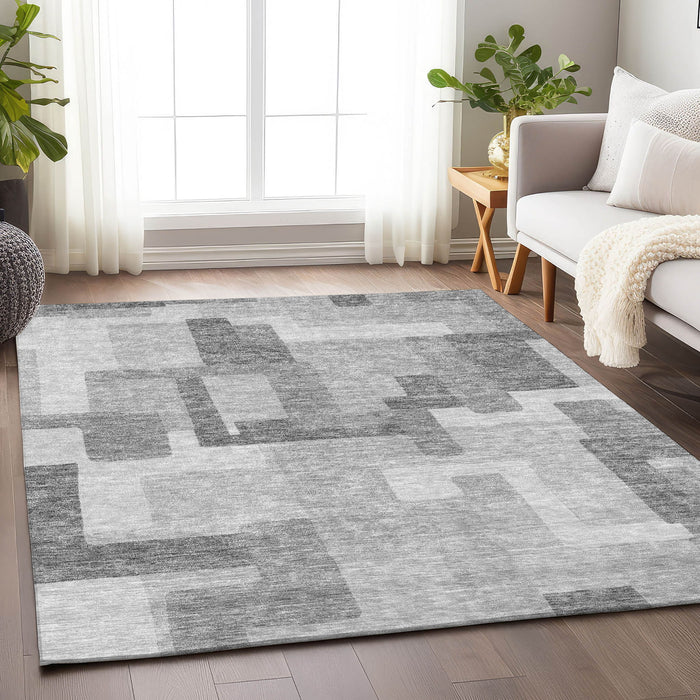 9' X 12' Abstract Geometric Washable Area Rug With UV Protection - Silver And Gray