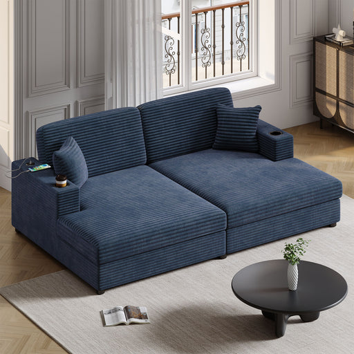 Giga oversized stationary loveseat chaise with built-in USB ports, cup holders, and two throw pillows, relaxing and functional furniture.
