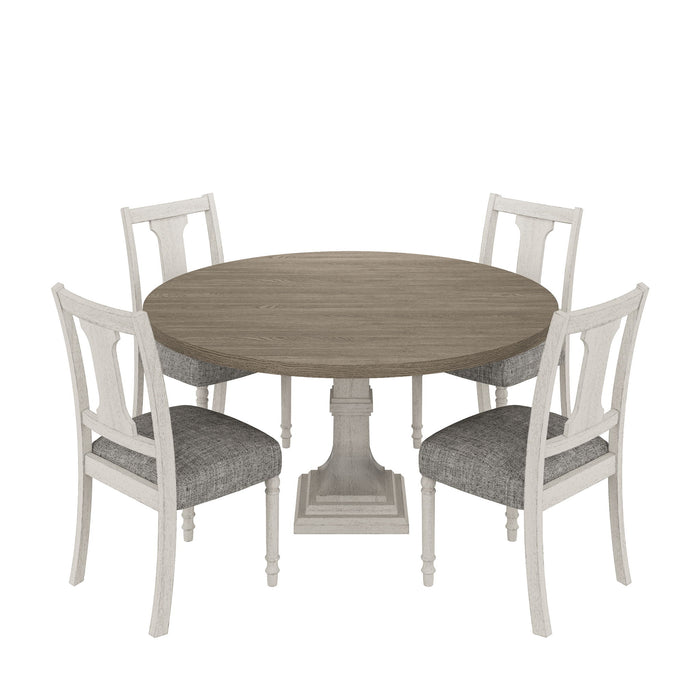 Giga Tannen round 5-piece dining table set with white and gray finish, includes four chairs and a central table, modern dining room set.