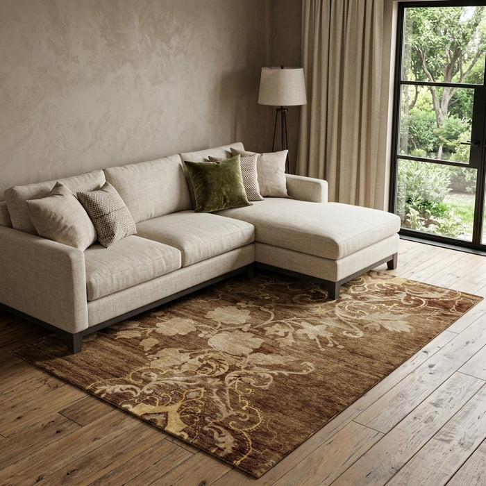 9' X 12' Floral Hand Knotted Area Rug (744336) - Brown / Tan / Ivory