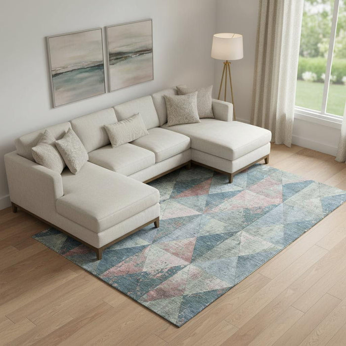 10' X 14' Geometric Washable Area Rug With UV Protection (699070) - Denim Blue / Blush / Ivory
