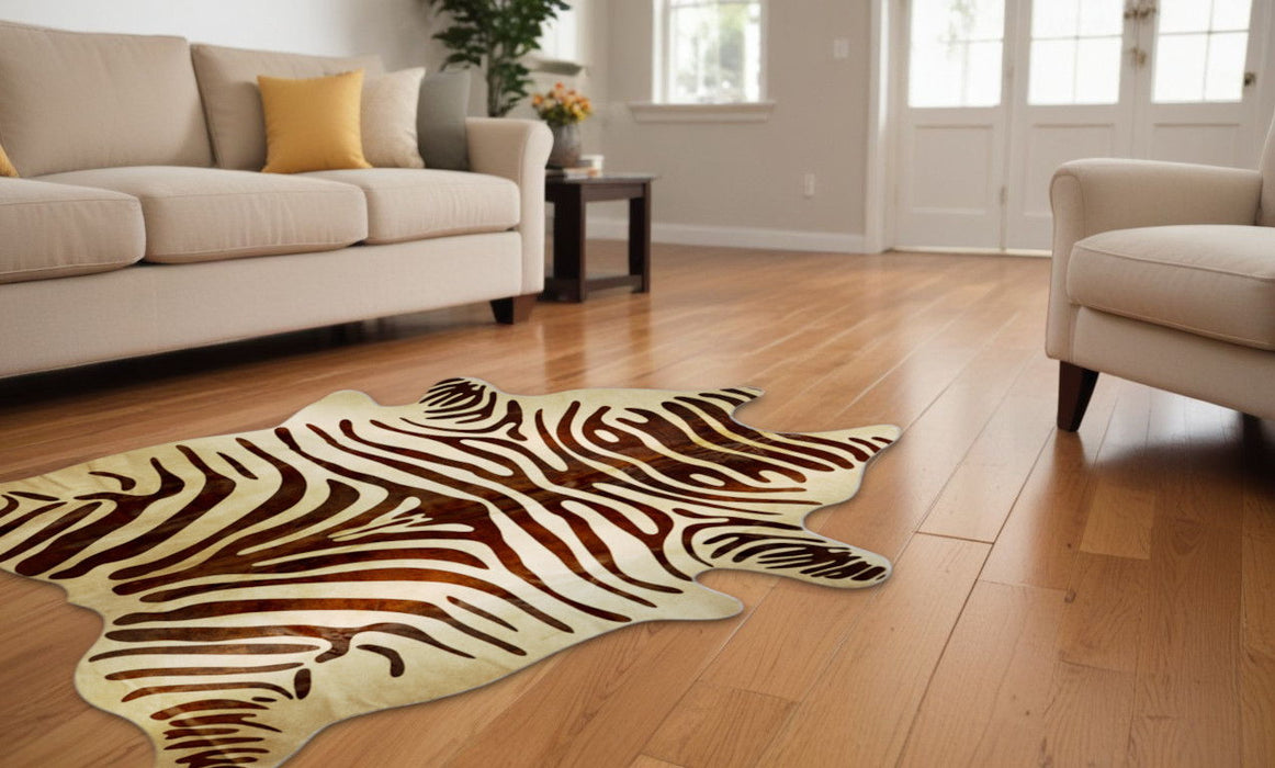 6' x 7' Zebra Print Genuine Cowhide Area Rug - Natural And Brown