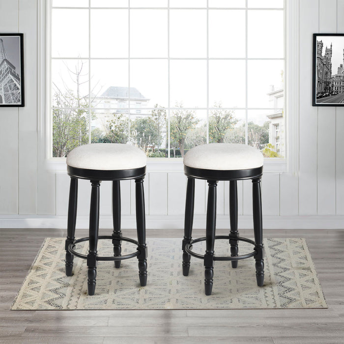 Set of two Giga 360° swivel wooden barstools with upholstered seats, counter height, modern design for kitchen or bar area.