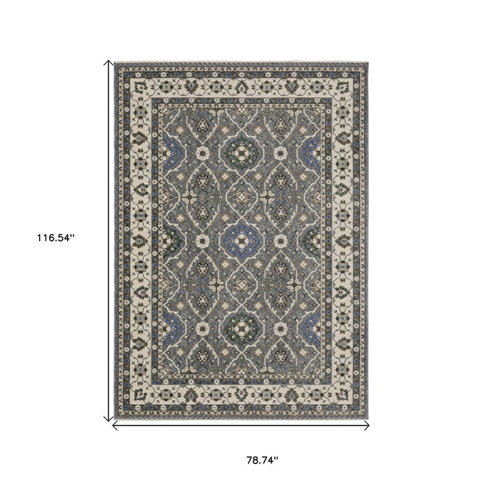 7' X 10' Oriental Area Rug With Fringe - Blue / Gray