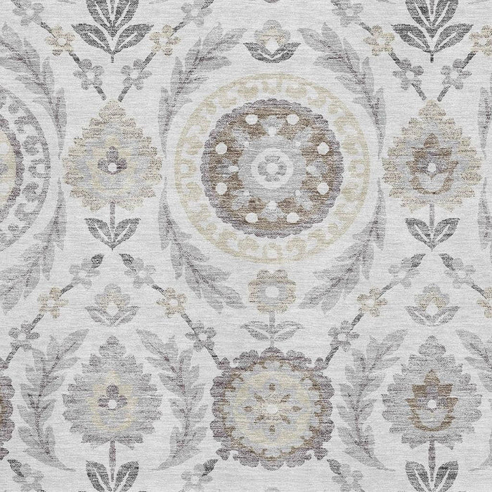 9' X 12' Floral Washable Area Rug With UV Protection - Silver And Beige