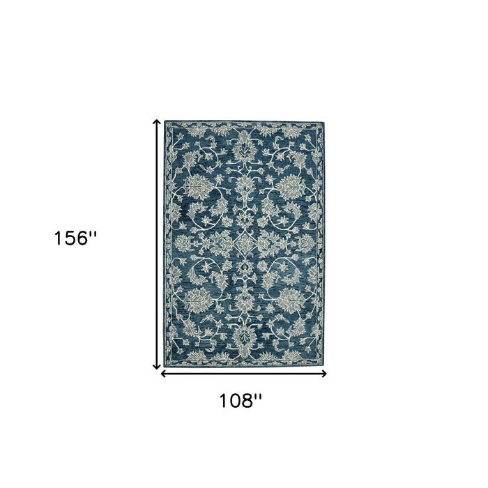 9' X 13' Wool Floral Medallion Hand Hooked Area Rug - Teal