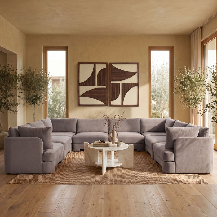 Meridian Furniture velvet upholstered 8-piece U-shaped sectional sofa with plush cushions and modern design.