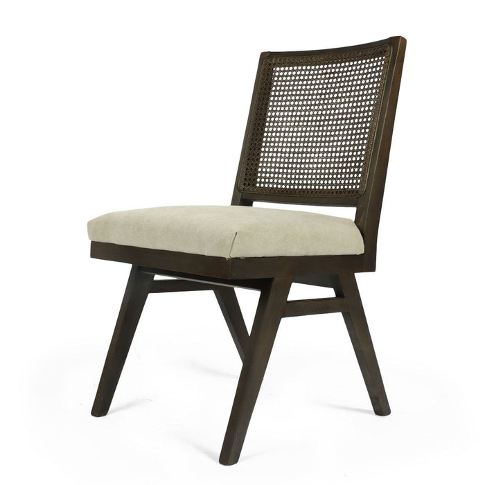 Wood Cane Upholstery Dining Side Chairs (Set of 2) - Brown / Gray