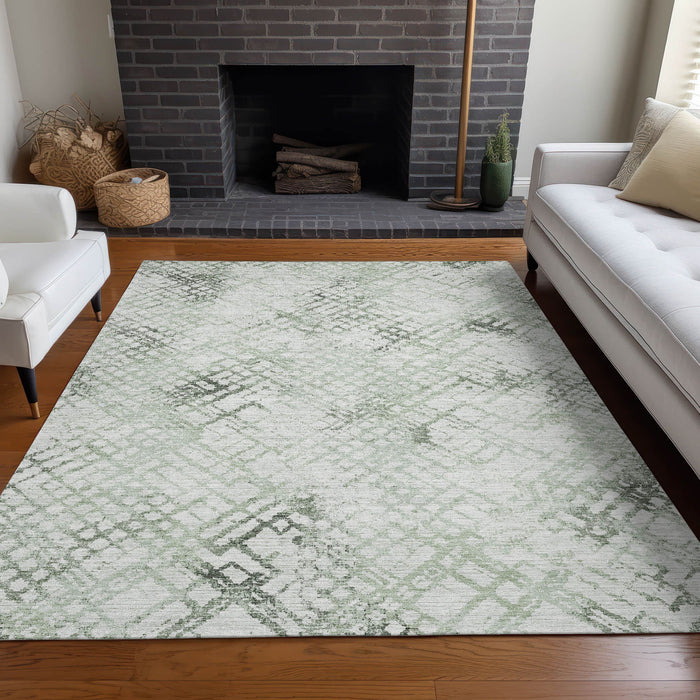 10' X 14' Abstract Geometric Washable Area Rug With UV Protection - Green And Ivory