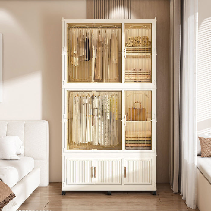 Cream white Giga portable wardrobe closet with nine magnetic doors, nine storage cubes, two hanging rods, and six hangers inside.