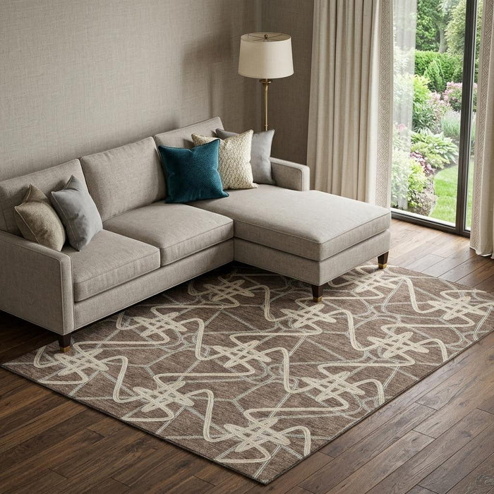 10' X 14' Geometric Washable Area Rug With UV Protection (675294) - Brown / Ivory