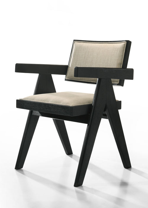 Set of two Giga Jasper dining arm chairs with upholstered beige seats and ebony black frames, modern and comfortable for dining rooms.