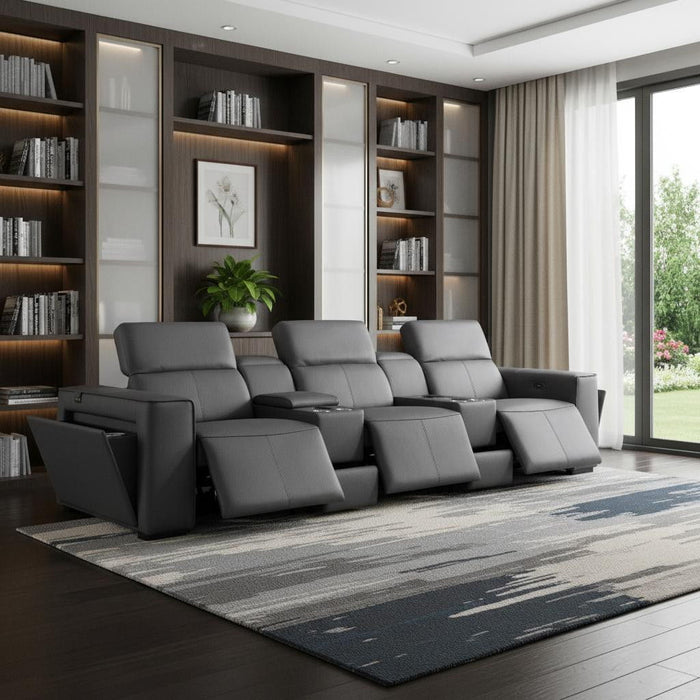 Top Grain Leather Reclining Metal USB Sofa (720399) - Dark Gray