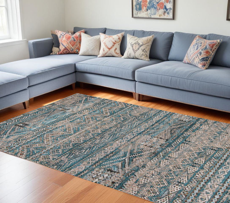 9' X 13' Oriental Kilim Washable Area Rug (548596) - Blue / Gray