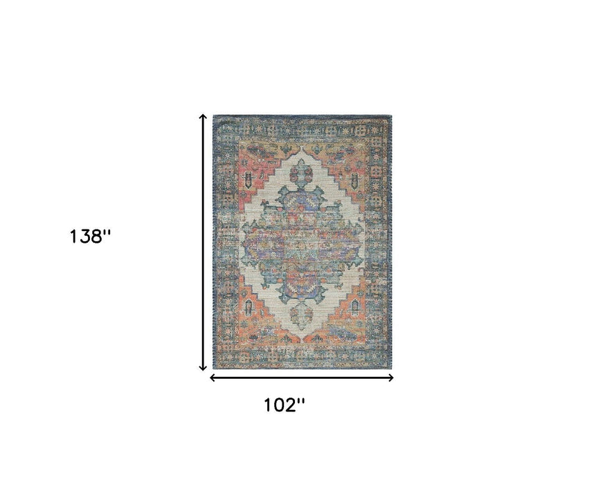 7' x 12' Hand Woven Traditional Medallion Indoor Area Rug - Blue Orange