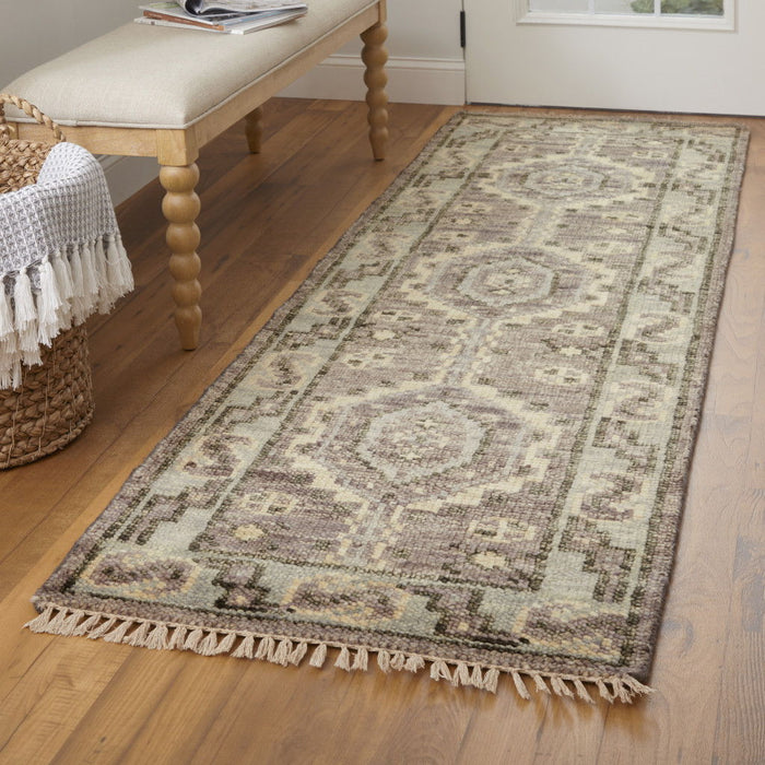 12' Wool Geometric Hand Knotted Runner Rug With Fringe - Ivory Gray And Brown