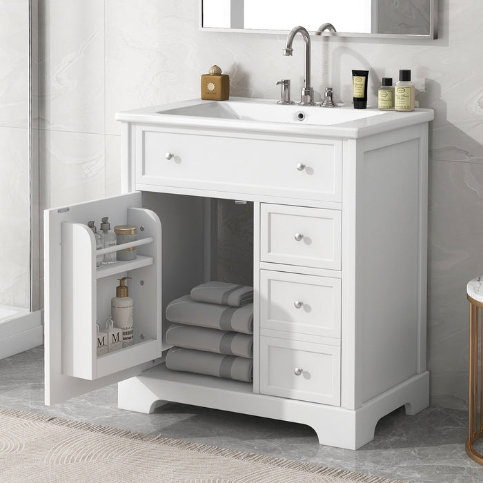 White Giga bathroom vanity with sink top, cabinet door, and two drawers, featuring a modern design and sleek finish.