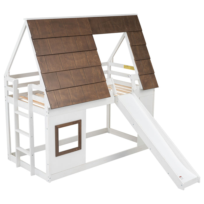 Giga white and brown wood twin size house bunk bed with roof, ladder, and slide for kids' bedroom.