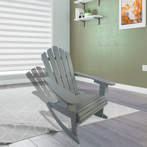 Giga reclining outdoor rocking Adirondack chair with a wooden finish, featuring wide armrests and a comfortable, adjustable backrest.