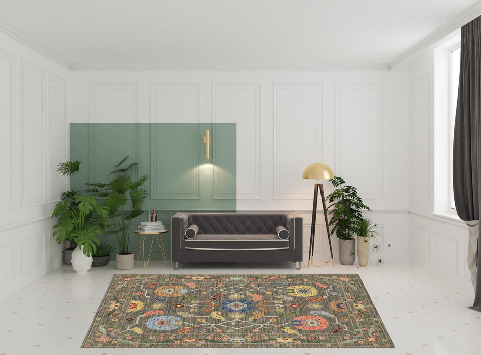 8' x 11' Oriental Power Loom Stain Resistant Area Rug With Fringe - Gray Blue Pink Orange Rust Red Green And Ivory