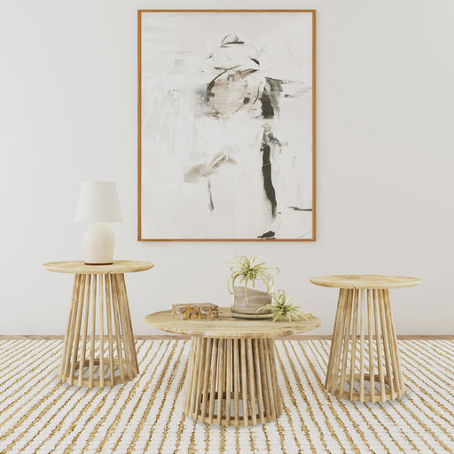Touhy 3-piece round coffee and end table set by CoasterEveryday in natural mango finish