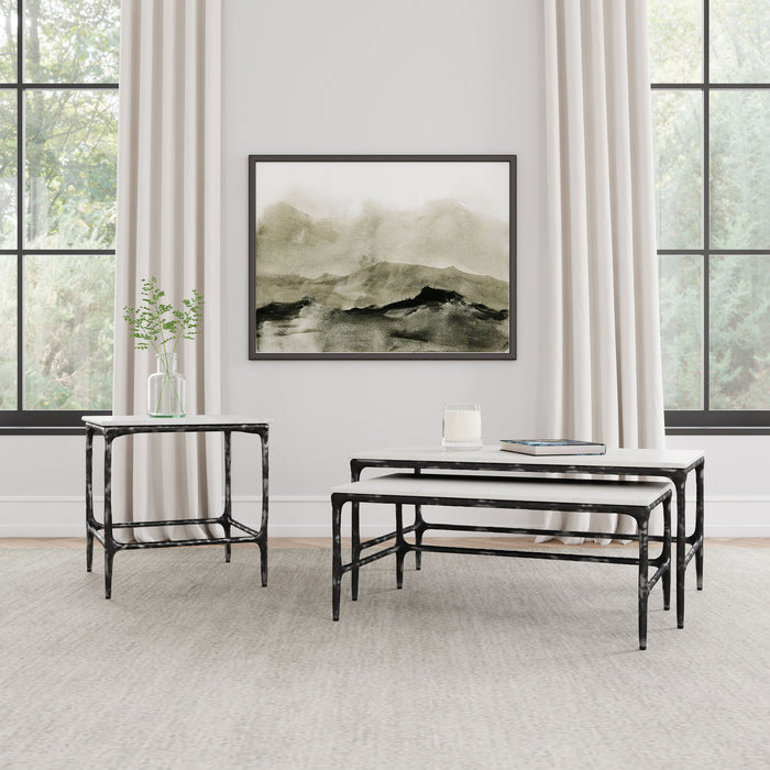Ebby Square Genuine Marble Top Metal End Table White and Antique Black