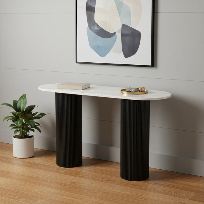 Genuine Marble And Solid Wood Oval Double Pedestal Console Table - White / Black
