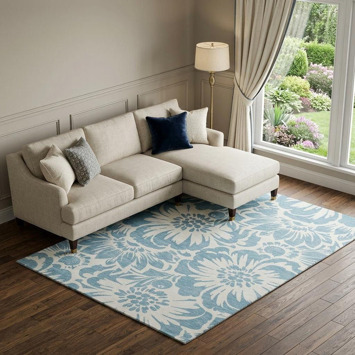 10' X 14' Floral Washable Area Rug With UV Protection (648640) - Denim Blue / Ivory