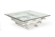 Glass and stainless steel square coffee table with shelf, clear glass top and silver frame, modern design by HomeRoots.