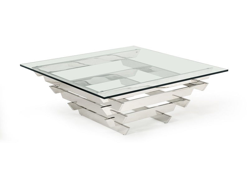 Glass and stainless steel square coffee table with shelf, clear glass top and silver frame, modern design by HomeRoots.