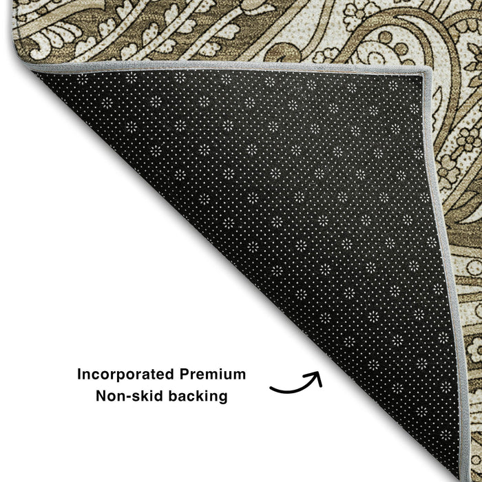8' Paisley Washable Round Rug With UV Protection (654647) - Chocolate / Ivory