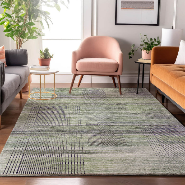 10' X 14' Striped Washable Area Rug With UV Protection - Artichoke Green And Gray
