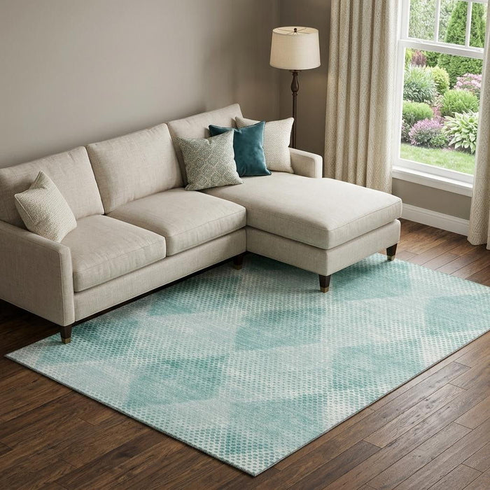10' X 14' Geometric Washable Area Rug With UV Protection (648220) - Teal / Ivory