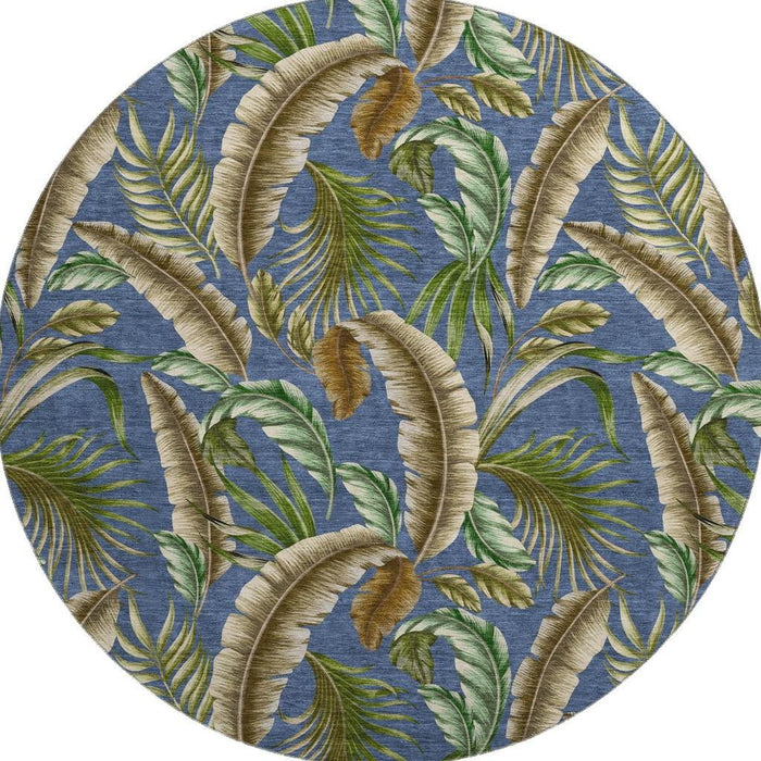 8' Geometric Washable Round Rug With UV Protection - Blue And Brown
