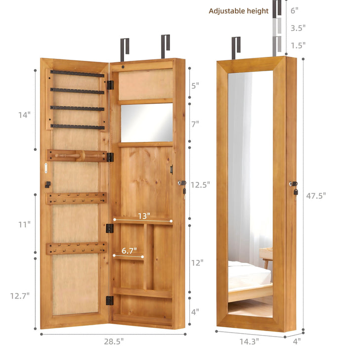 Giga jewelry armoire organizer with full-length mirror, wall-mounted lockable cabinet with LED light and interior jewelry storage.
