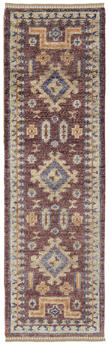 10' Wool Geometric Hand Knotted Runner Rug With Fringe - Blue Red And Tan