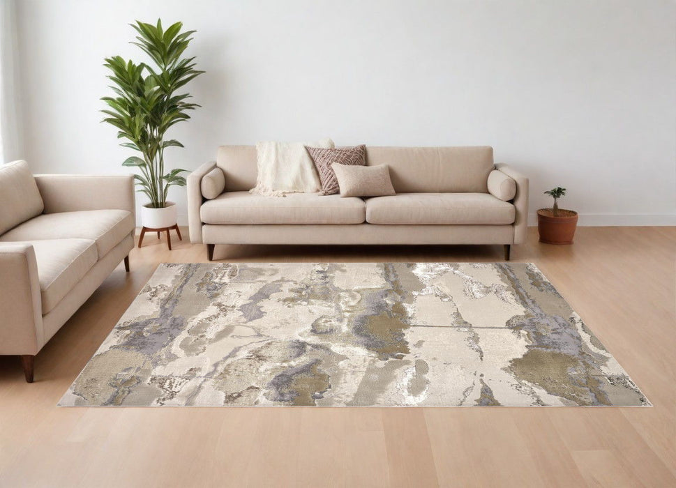 8' x 10' Abstract Power Loom Area Rug - Ivory Brown And Gray