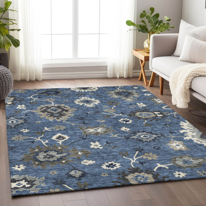 10' X 14' Traditional Floral Medallion Washable Area Rug With UV Protection - Blue