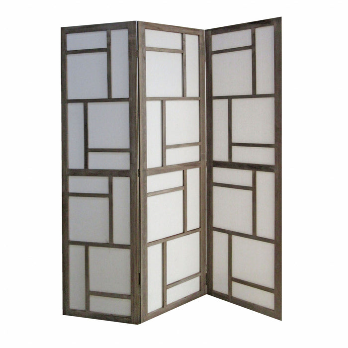 Wood And Fabric Three Panel Screen Room Divider - Gray And White