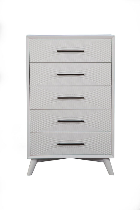 34" Carved Geometric Solid Wood Five Drawer Dresser - White