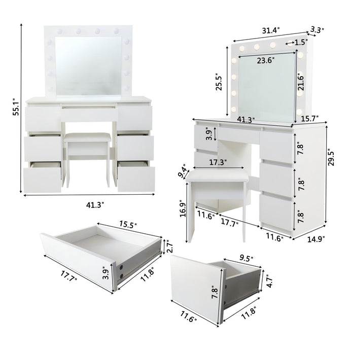 Large Vanity Tables With Mirror And Light - Matte White