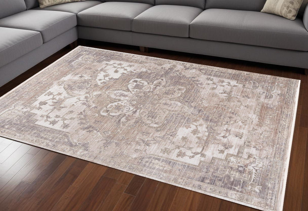 7' x 9' Medallion Power Loom Area Rug - Beige And Ivory