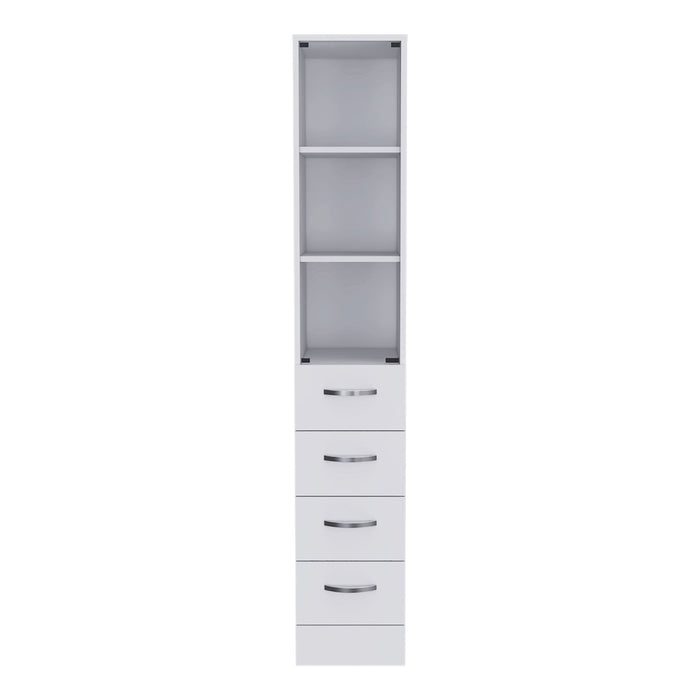 White Giga linen cabinet with 3 shelves, 4 drawers, and metal handles for organized storage.