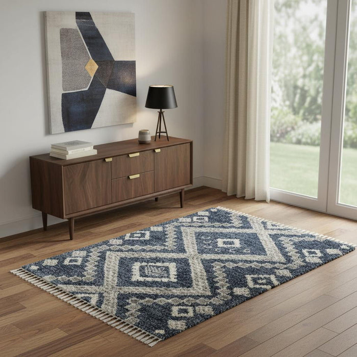 4' X 6' Geometric Shag Non Skid Area Rug With Fringe (552487) - Denim Blue / Ivory